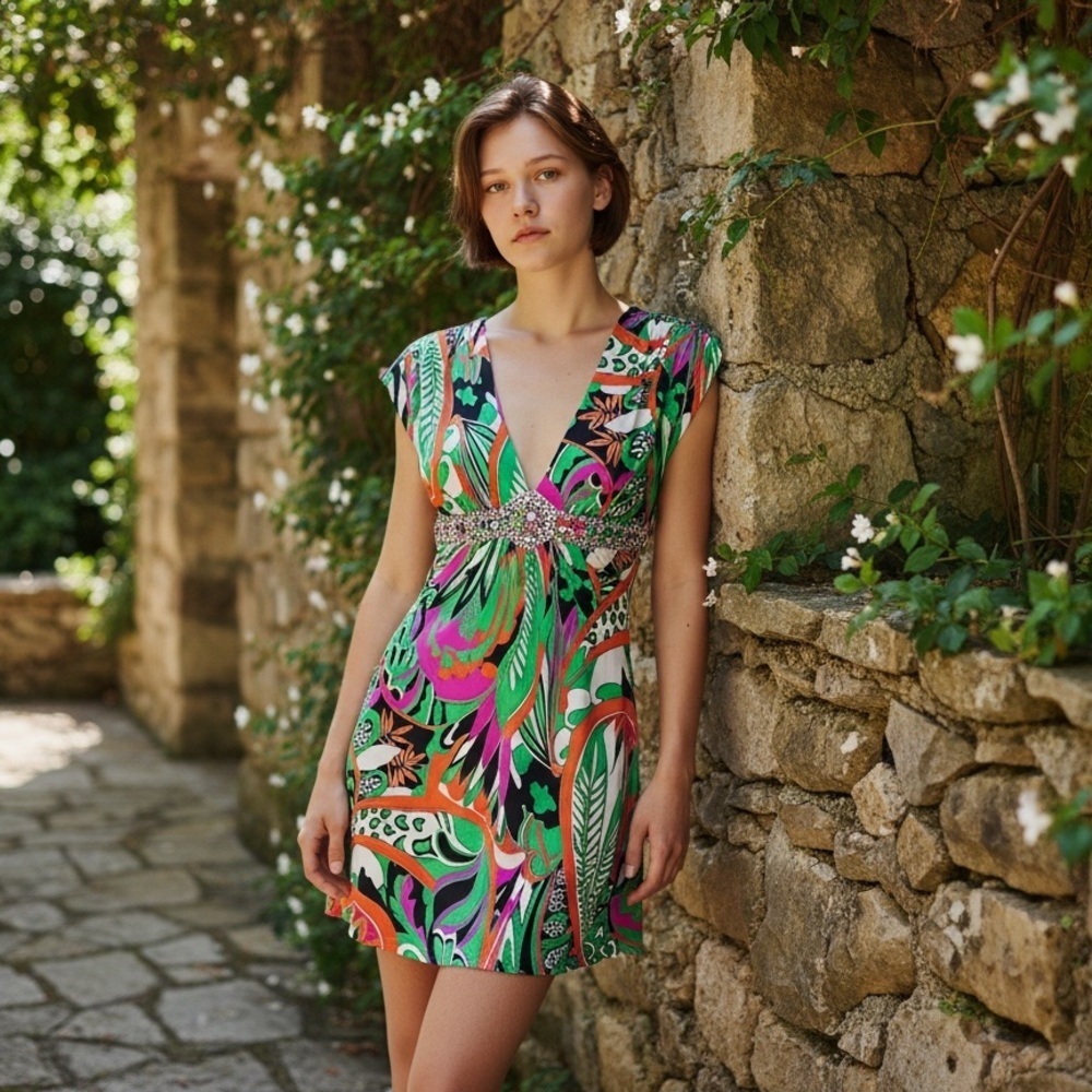 SKY Low-cut V-neck Dress 100% Silk Size XS